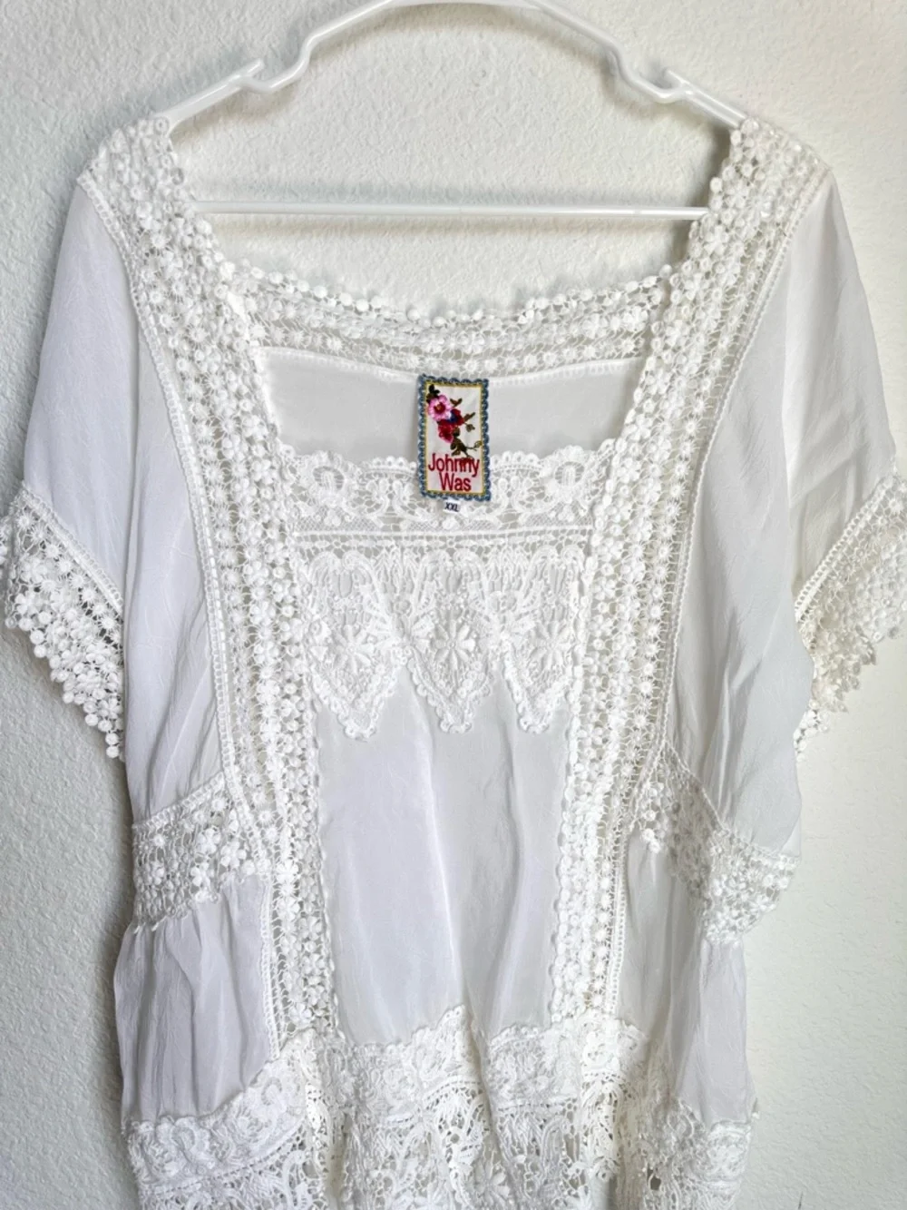 Johnny Was Lacey Insert Top XXL 2XL Cream Crochet Scalloped Hem Boho Blouse - Picture 4 of 12